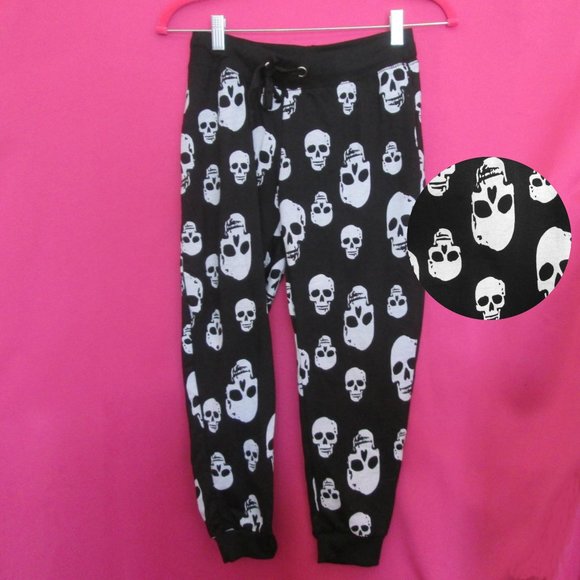 NEW halloween black white skull joggers size small skeleton cropped pants - Picture 1 of 5